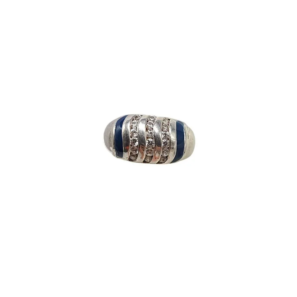 Sterling Silver Blue Enamel Clear Rhinestone Ring With Striped Design Size 6